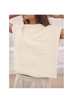 Crew Neck Knit Pocket Sweater - Cream